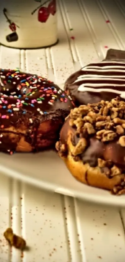 Three chocolate donuts with toppings on a plate.