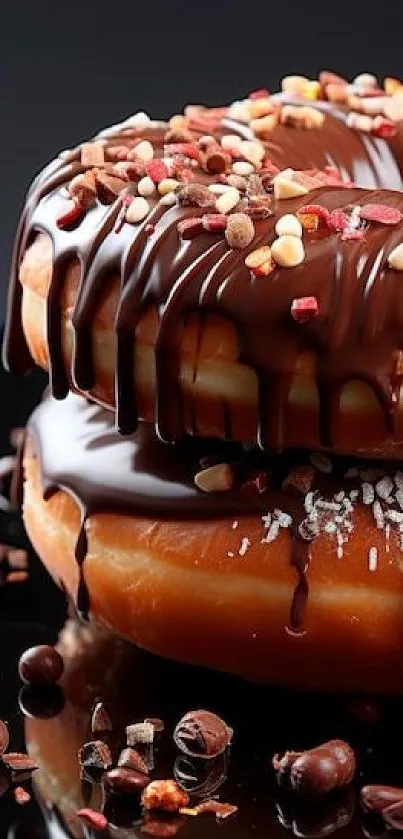 Chocolate glazed donuts with nuts on a black surface.