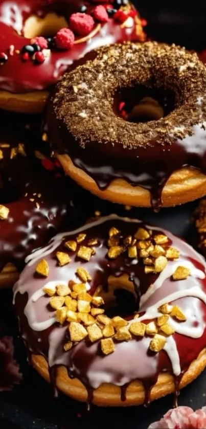 Dark chocolate donuts with colorful toppings.