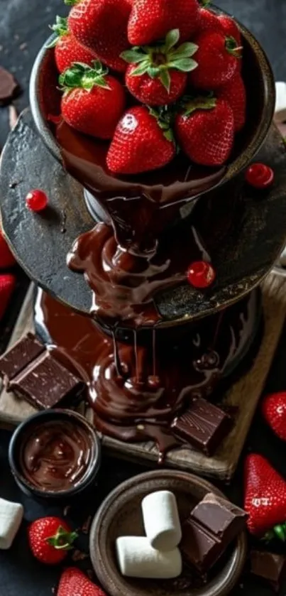 Chocolate fondue with strawberries and marshmallows.