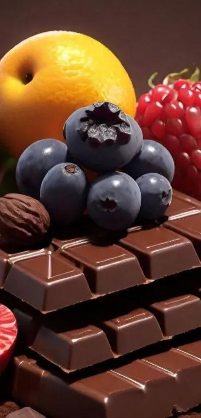 Chocolate bars topped with fresh fruits including blueberries and raspberries.