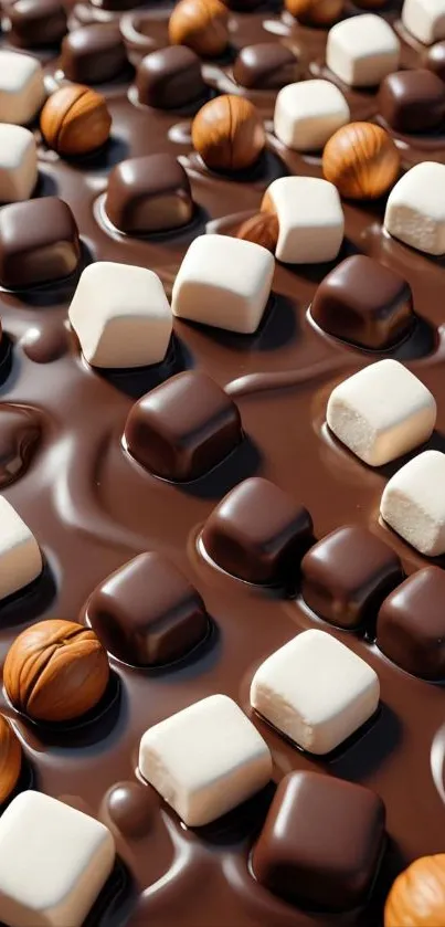 Chocolate, marshmallows, and hazelnuts on a rich brown background.