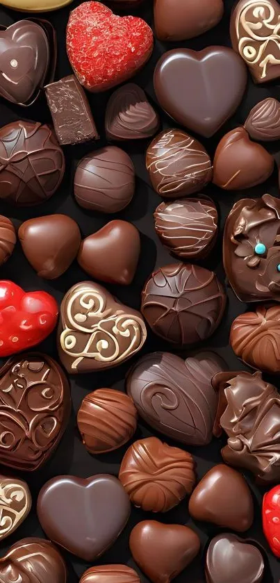 Assortment of heart-shaped chocolates on black background.
