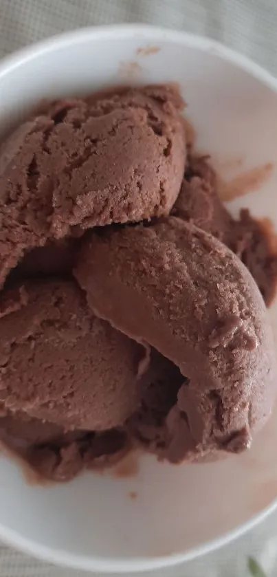 Close-up of creamy chocolate ice cream in a white bowl.