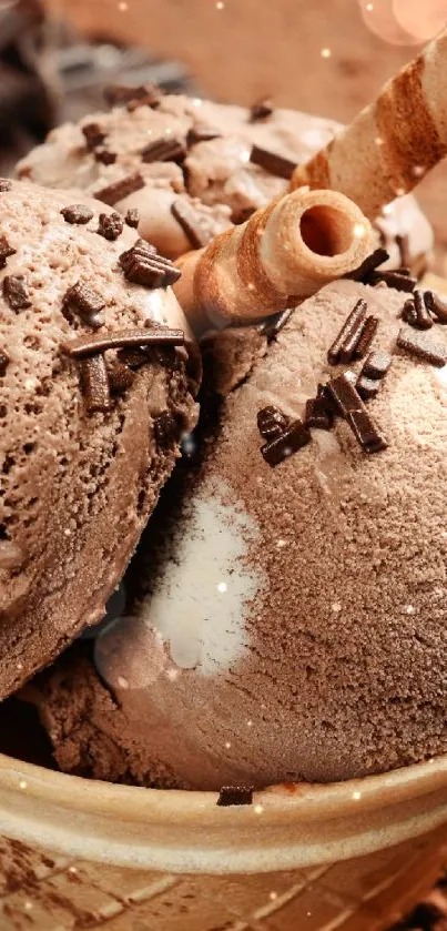 Chocolate ice cream with waffle cone and sprinkles in a bowl.