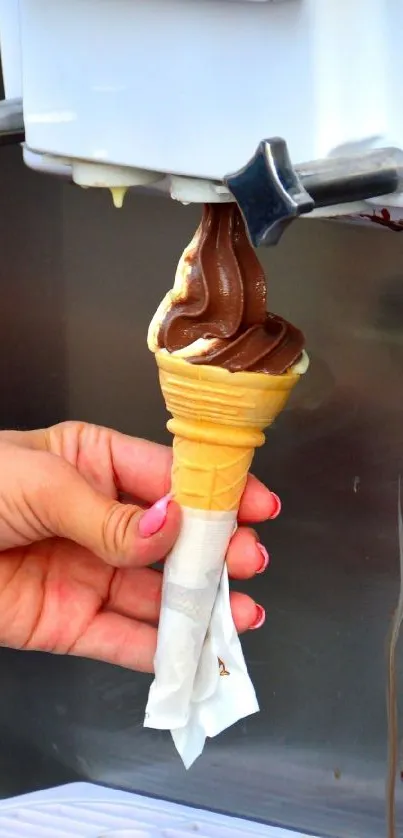 Hand holding a chocolate soft serve cone from a dispenser.