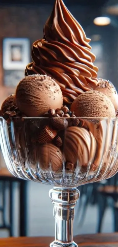 Elegant glass bowl with chocolate ice cream scoops and swirls.