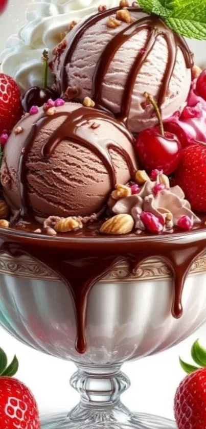Delicious chocolate ice cream sundae with strawberries.