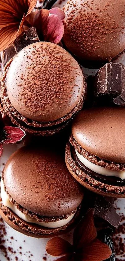 Close-up of chocolate macarons with flowers