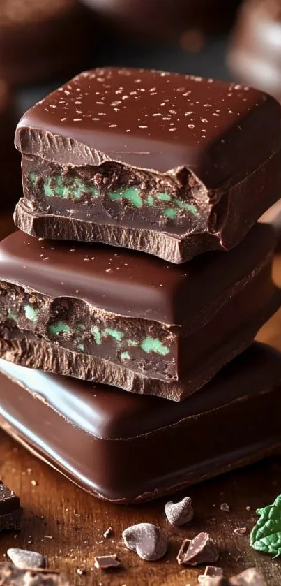 Stack of chocolate mint squares with rich layers.