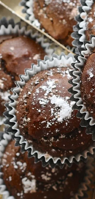 Chocolate muffins on a vintage silver platter with powdered sugar topping.