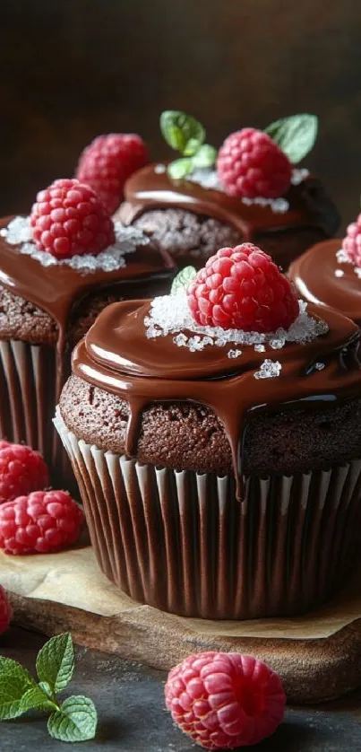 Chocolate cupcakes with raspberries and rich chocolate frosting.