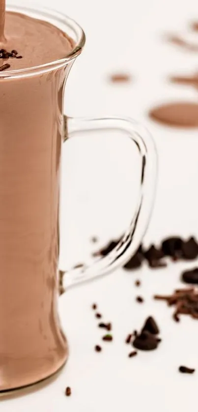 Brown chocolate shake in glass with chocolate pieces.