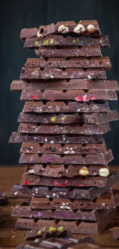 Stack of delicious chocolate bars on a wooden surface.