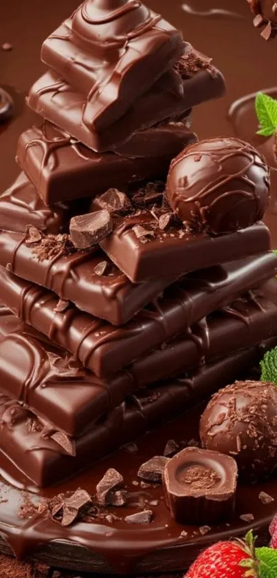Decadent chocolate tower with truffles and raspberries.