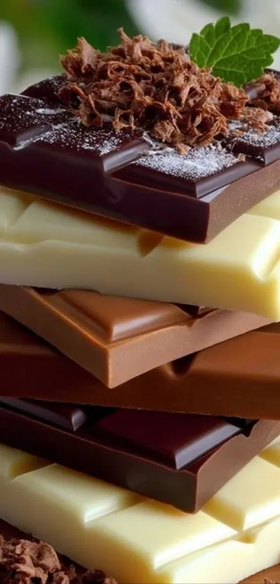 Stack of dark, milk, white chocolate with grated chocolate topping.