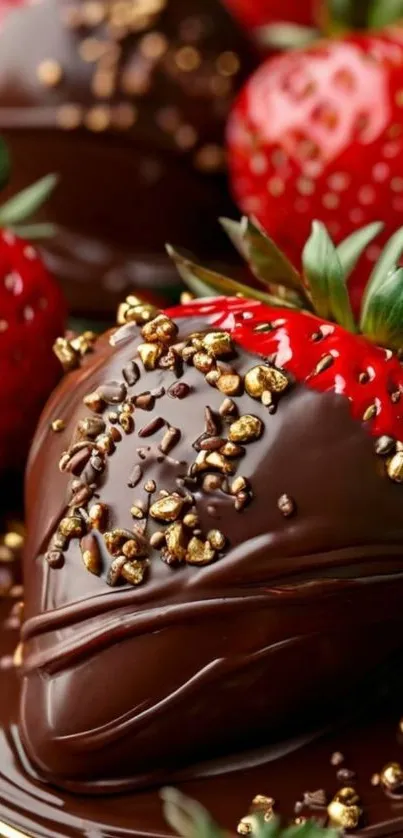 Close-up of chocolate-covered strawberries with gold sprinkles.