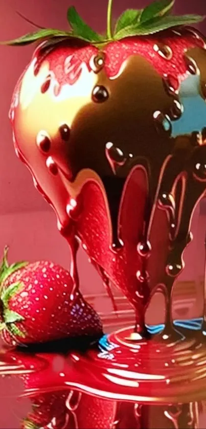 Strawberry dipped in chocolate syrup, mobile wallpaper.