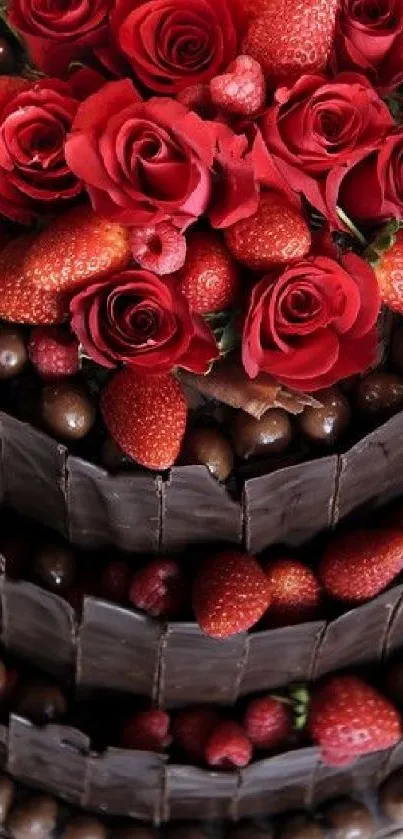 Chocolate cake with strawberries and roses, perfect for dessert lovers.