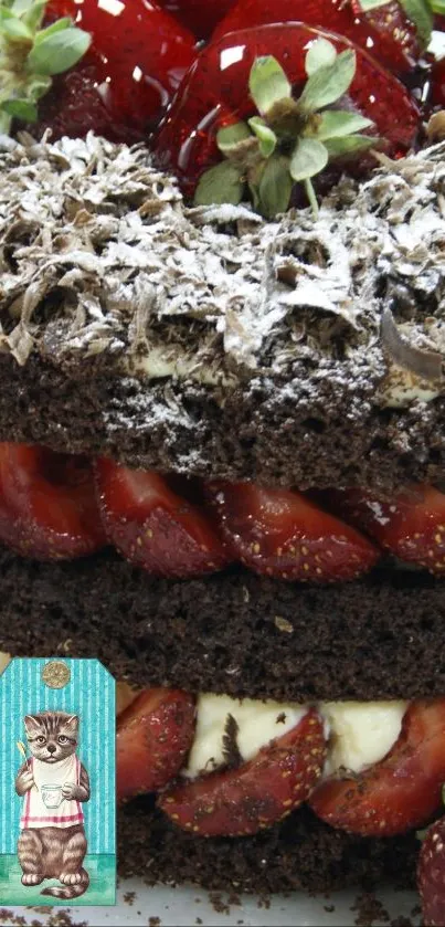 Chocolate cake with strawberries and cute illustration in background.