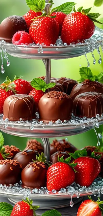 Tiered tray with chocolate strawberries.
