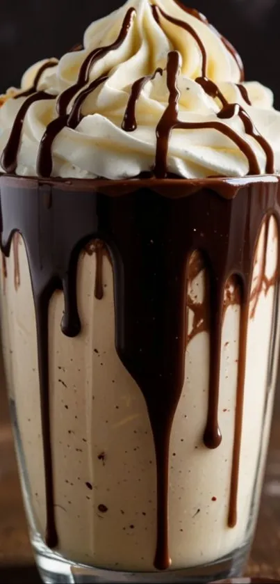 A decadent chocolate sundae with whipped cream and chocolate drizzle.