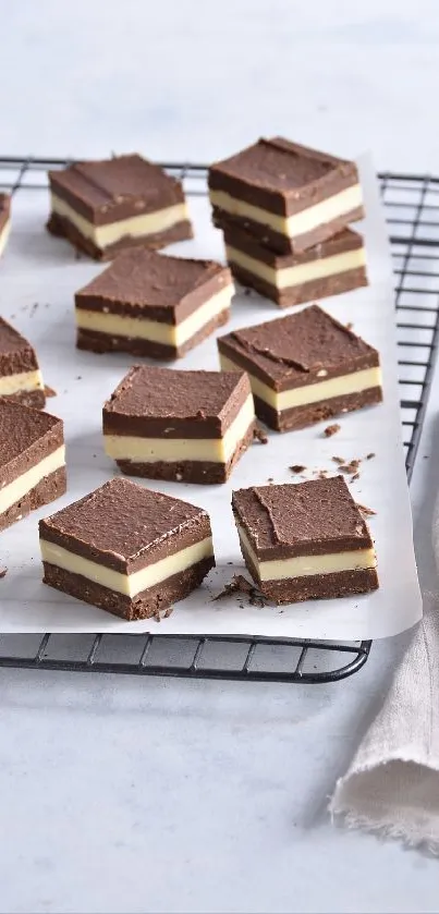 Stacked chocolate treats with creamy layers on a baking rack.