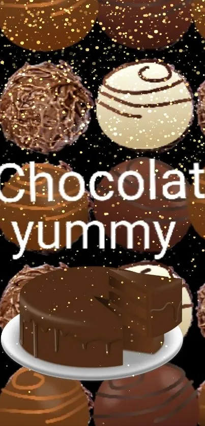 Chocolate cake and truffles mobile wallpaper with hashtag #ChocolateYummy.