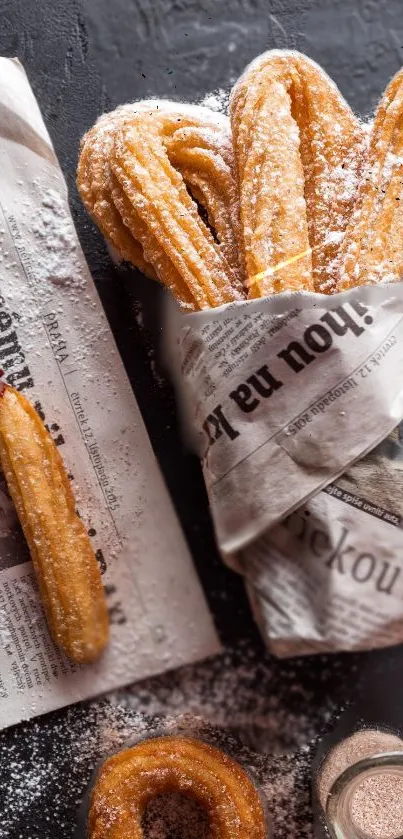 Churros wrapped in newspaper with sugar dusting and dark background.