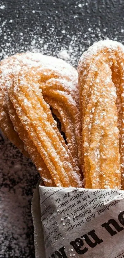 Crunchy churros with sugar dusting on a dark background, wrapped in paper.