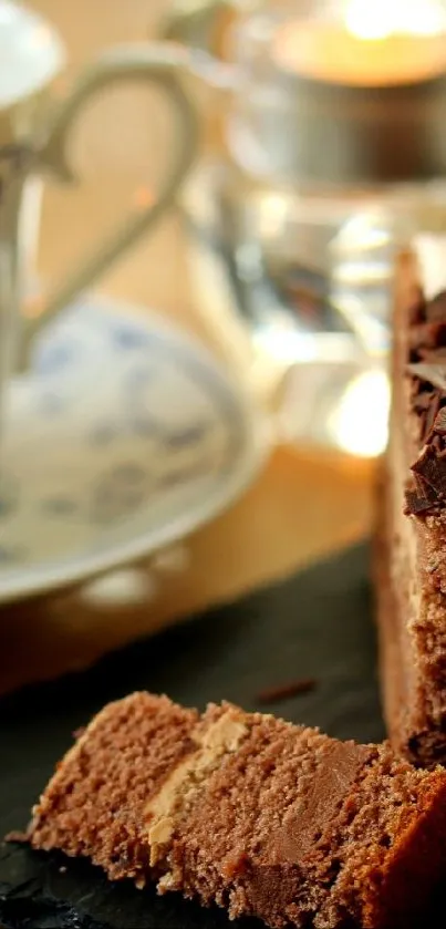 Chocolate cake and coffee on a cozy table with warm lighting.