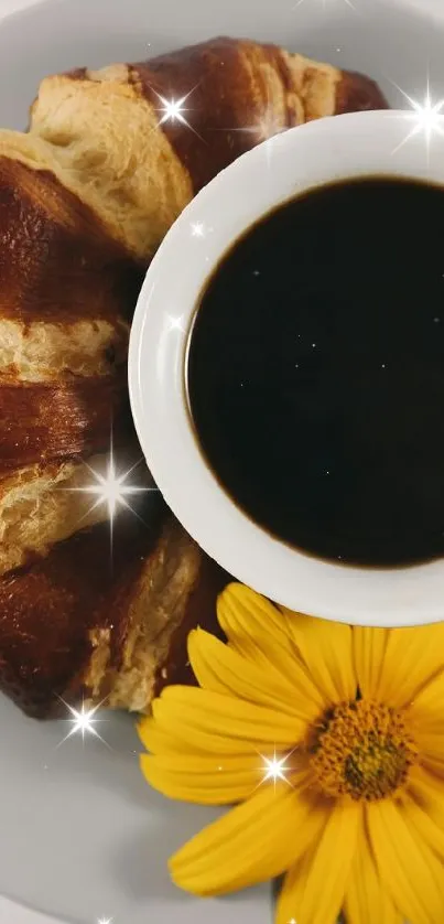 Coffee with croissant and a yellow flower on a plate.