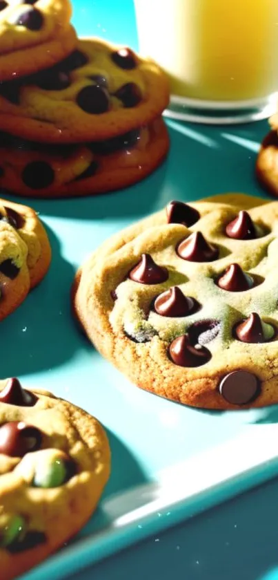 Close-up of chocolate chip cookies on teal background.
