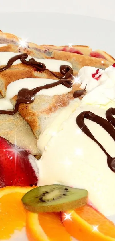 Crepes with fruits and ice cream drizzled with chocolate on a white plate.