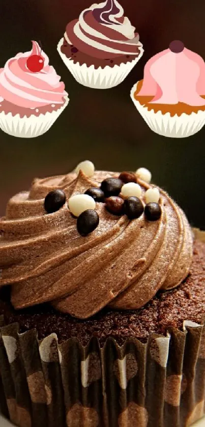 Chocolate cupcake with artistic colorful decorations on wallpaper.