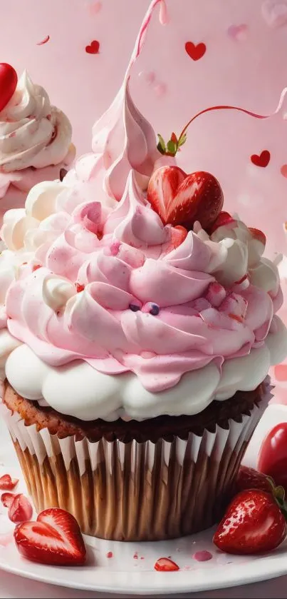 Pink frosting cupcake with strawberries and hearts on a plate.