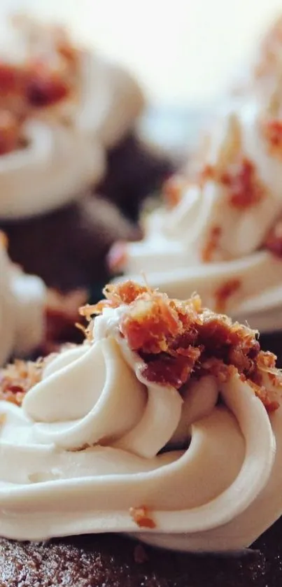 Close-up of moist chocolate cupcakes with creamy swirls and bacon bits.