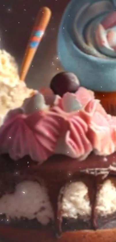 Cupcake trio wallpaper with pink, blue, and chocolate desserts.