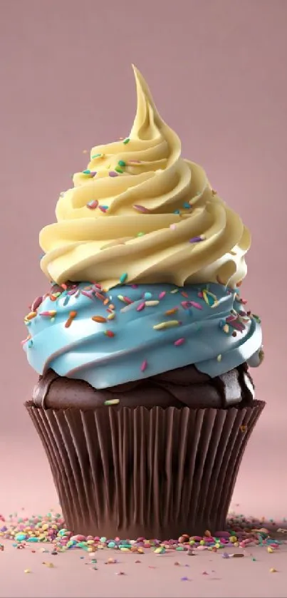 Cupcake with colorful frosting and sprinkles on pink background.