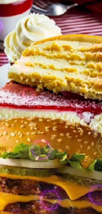 Colorful artwork showing a cake layered with a burger slice.