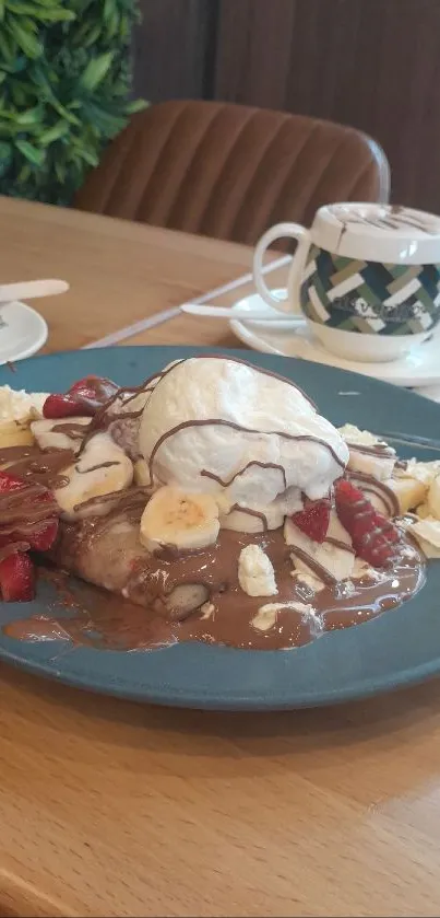 Mouth-watering dessert and coffee on a cozy cafe table.