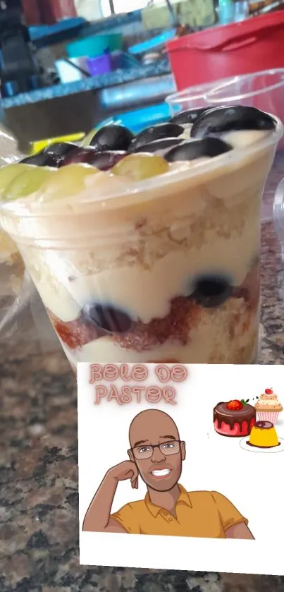 A creamy dessert cup topped with fruit, featuring an illustration of a smiling person.