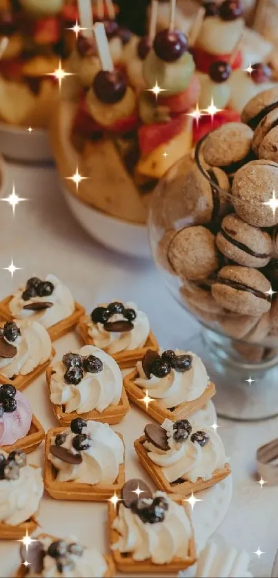 A variety of desserts arranged on a buffet table with pastries, fruits, and cookies.