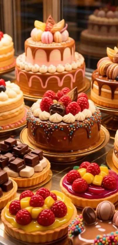 Assorted cakes beautifully displayed on a bakery countertop.
