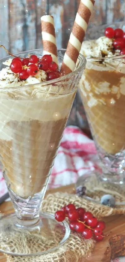 Dessert cones with cream, berries, and chocolate sticks on wooden table.