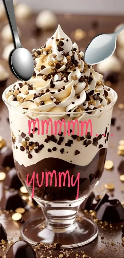 Chocolate dessert with cream and sprinkles in glass.