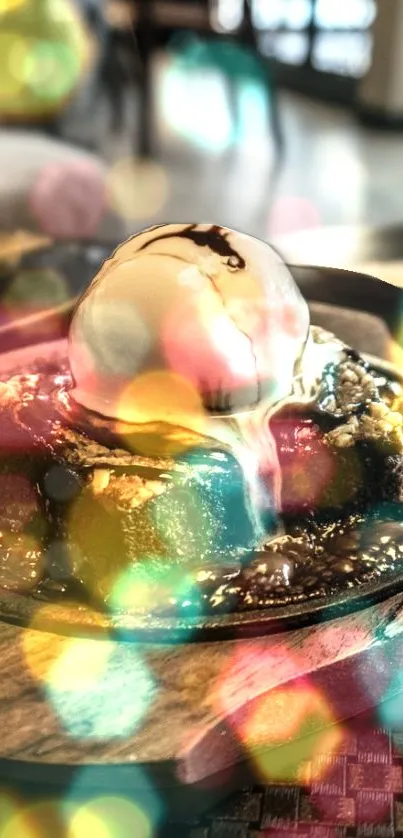 Chocolate brownie with ice cream on a wooden plate.