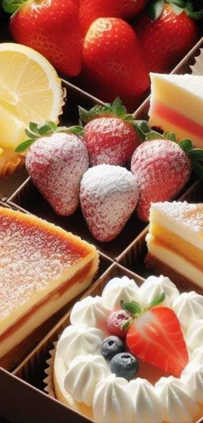 Assorted fruit-topped desserts and cakes display.