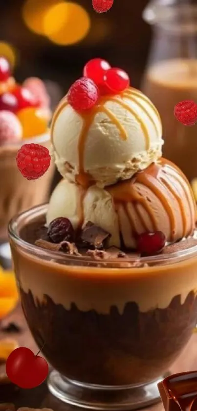 Creamy chocolate and caramel dessert with fruit toppings.