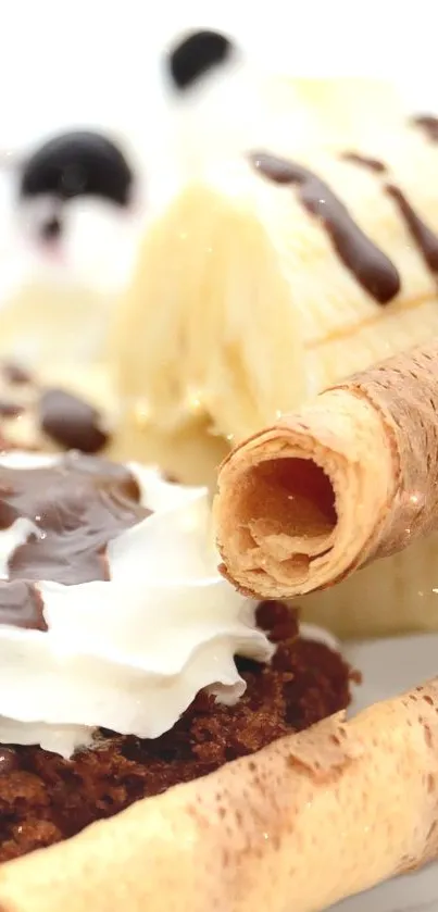 Close-up of dessert with bananas, chocolate, and wafers.